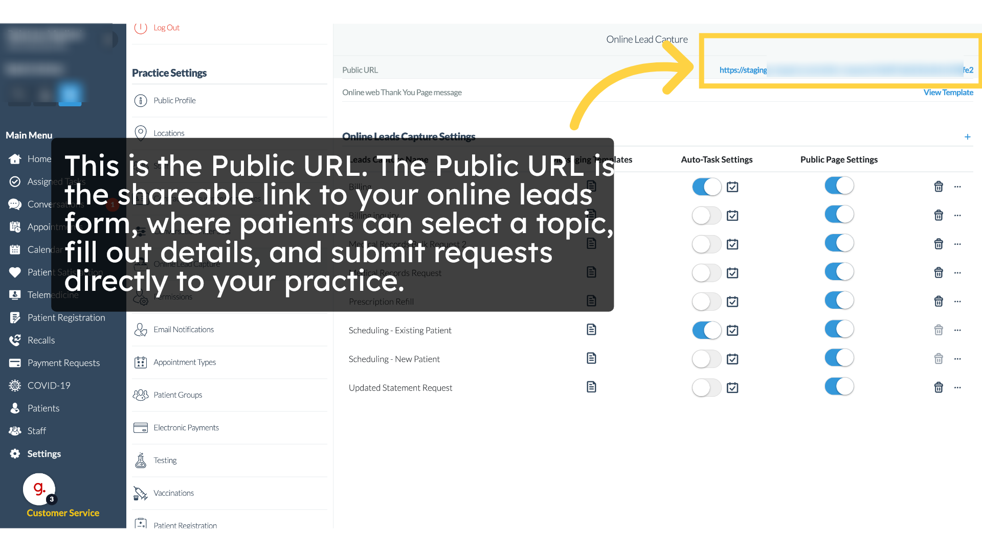 Click 'Public URL https://staging.curogram.com/online-requests/65ddf7edb22b3a04a1500fe2'