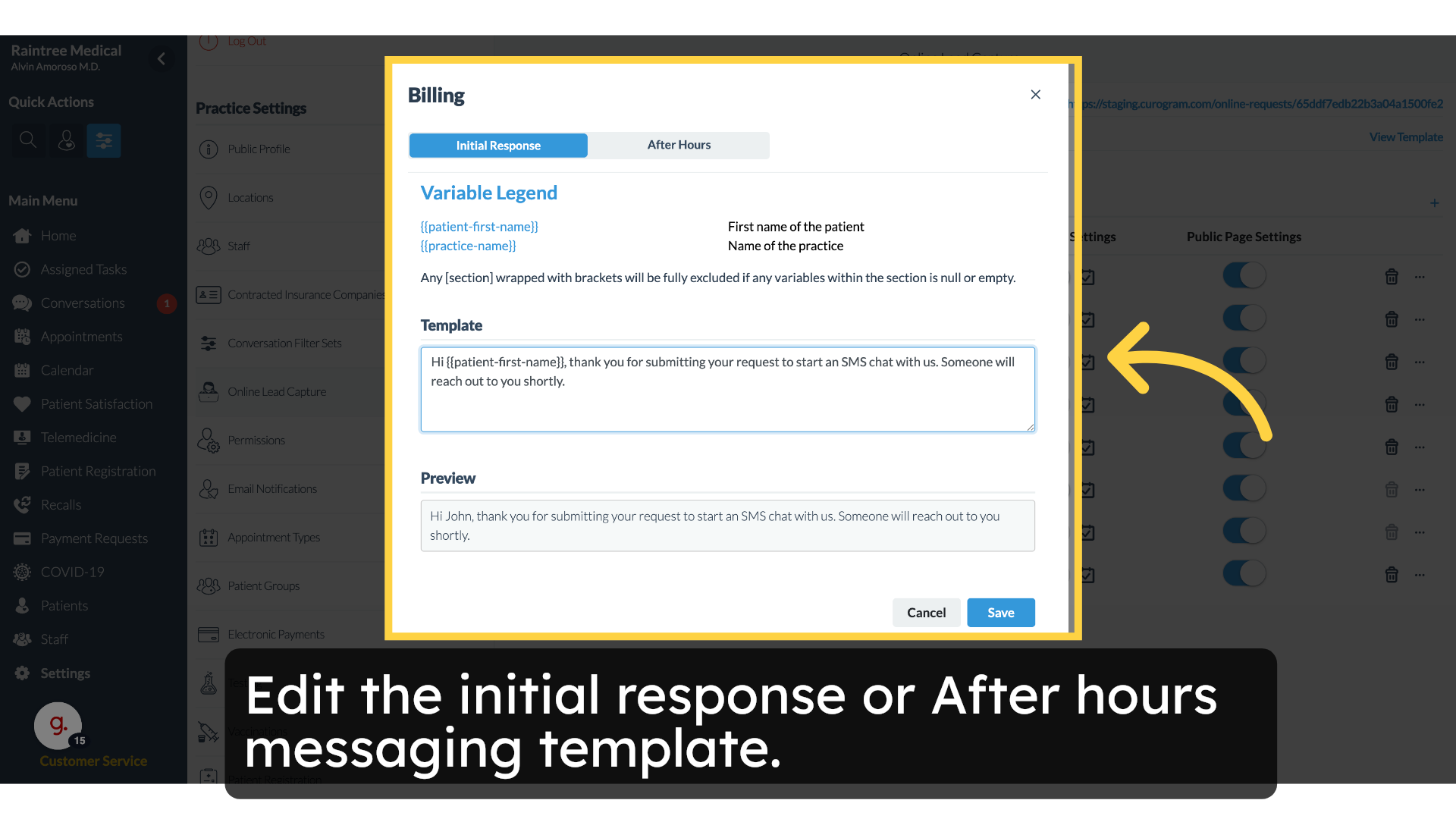 Click 'Public URL https://staging.curogram.com/online-requests/65ddf7edb22b3a04a1500fe2'