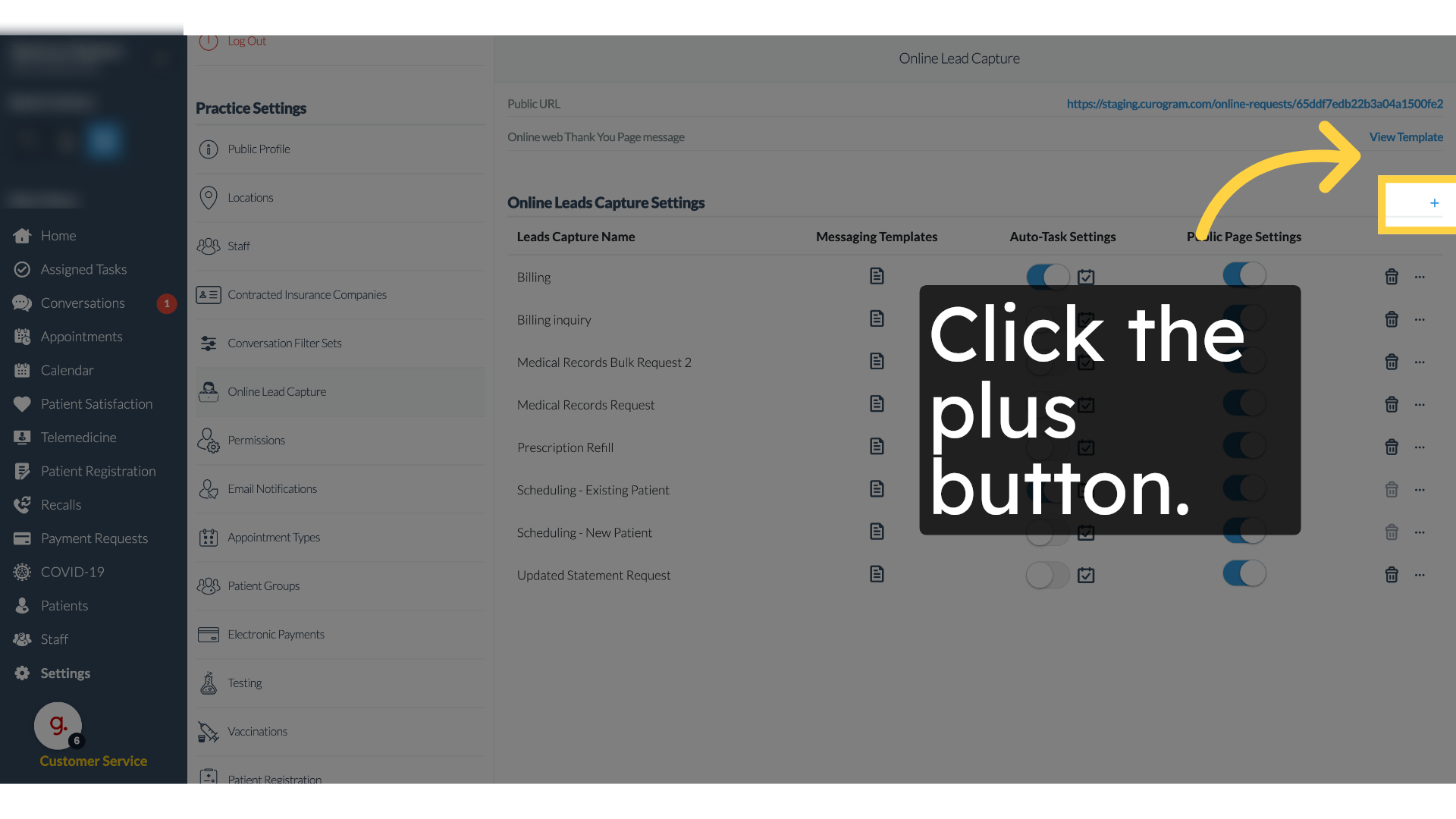 Click 'Public URL https://staging.curogram.com/online-requests/65ddf7edb22b3a04a1500fe2'